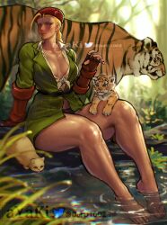 Rule 34 | 1girl, animal, ayaki blade, bare legs, barefoot, belt, black panties, blonde hair, blush, breasts, cammy white, cat, chinese zodiac, cleavage, coat, cub, front-tie top, grass, highres, large breasts, no bra, official alternate costume, panties, red headwear, soaking feet, solo, stream, street fighter, street fighter v, sweat, thighs, underwear, water, wet, year of the tiger