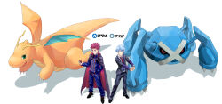 Rule 34 | 2boys, black footwear, blue jacket, blue pants, boots, cape, collared shirt, commentary request, creatures (company), dragonite, game freak, gen 1 pokemon, gen 3 pokemon, hand in pocket, helmett1997, highres, holding, holding poke ball, jacket, lance (pokemon), long sleeves, male focus, metagross, multiple boys, necktie, nintendo, own hands together, pants, poke ball, poke ball (basic), pokemon, pokemon (creature), pokemon hgss, pokemon oras, red necktie, shirt, shoes, short hair, spiked hair, standing, steven stone, stretching, white background