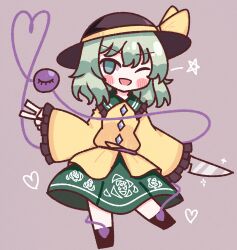 Rule 34 | 1girl, ;d, absurdres, black hat, blush, blush stickers, bow, buttons, diamond button, floral print, frilled shirt collar, frilled sleeves, frills, green eyes, green hair, green skirt, hat, hat bow, heart, heart of string, highres, holding, holding knife, knife, komeiji koishi, light green hair, long sleeves, medium hair, one eye closed, open mouth, rose print, shirt, simple background, skirt, sleeves past wrists, smile, solo, standing, third eye, touhou, v, waroemon, yellow bow, yellow shirt