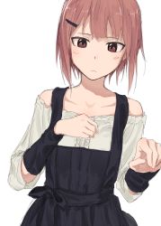 Rule 34 | 10s, 1girl, alternate costume, bad id, bad twitter id, bare shoulders, blush, brown eyes, bullfalk, collarbone, dirndl, dress, german clothes, hair ornament, hairclip, kantai collection, looking down, off shoulder, red hair, short hair, simple background, solo, white background, z3 max schultz (kancolle)