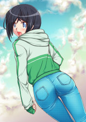 Rule 34 | 10s, 1girl, androgynous, aokihoshi, ass, black hair, blue eyes, blush, cowboy shot, day, denim, fingerless gloves, from behind, gloves, hashima chihiro, hood, hoodie, imouto sae ireba ii, jeans, looking at viewer, looking back, open mouth, outdoors, pants, pocket, short hair, skin tight, solo, standing, tight clothes, tight pants, tomboy
