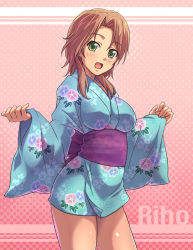 Rule 34 | 1girl, blue kimono, breasts, brown hair, character name, cowboy shot, dream c club, dream c club (series), e20, futaba riho, green eyes, japanese clothes, kimono, large breasts, looking at viewer, open mouth, pink background, short kimono, solo, thighs, yukata
