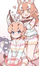 Rule 34 | 3girls, :3, animal ear fluff, animal ears, blue eyes, blush, bow, caracal (kemono friends), commentary, extra ears, fang, grey wolf (kemono friends), hair bow, heterochromia, highres, japanese wolf (kemono friends), kemono friends, kemono friends 3, kneehighs, light brown hair, long hair, lying, matching outfits, multiple girls, official alternate costume, on side, pajamas, shorts, sitting, sleepover, slippers, socks, striped clothes, striped legwear, striped pajamas, striped shorts, striped socks, tail, tanaka kusao, wariza, wolf ears, wolf girl, wolf tail, yellow eyes