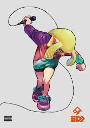 Rule 34 | 1girl, absurdres, arm up, artist logo, bike shorts, blonde hair, cable, clenched hands, closed eyes, commentary request, facing down, fang, full body, green jacket, grey background, highres, holding, holding microphone, inkling, inkling girl, inkling player character, jacket, ken sogen, long sleeves, microphone, multicolored clothes, multicolored jacket, nintendo, open mouth, parental advisory, pink footwear, pink jacket, purple jacket, shoes, simple background, sneakers, solo, splatoon (series), tentacle hair, throwing