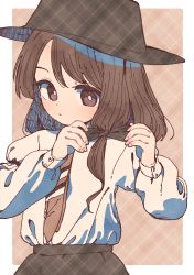 Rule 34 | 1girl, absurdres, black bow, black hat, black skirt, blush, bow, bright pupils, brown eyes, brown hair, brown necktie, closed mouth, commentary, fingernails, hair bow, hands up, hat, highres, long sleeves, looking down, medium hair, nama udon, necktie, shirt, single sidelock, skirt, sleeve cuffs, solo, touhou, tying hair, upper body, usami renko, white pupils, white shirt