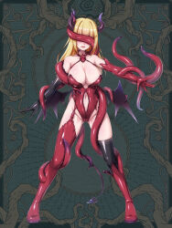 Rule 34 | 1girl, asymmetrical gloves, asymmetrical legwear, blonde hair, boots, breasts, chain paradox, cocytus (wind master), demon girl, demon horns, demon tail, demon wings, elbow gloves, gloves, horns, large breasts, living clothes, low wings, navel, single elbow glove, single thigh boot, solo, standing, tail, tentacle clothes, tentacles, thigh boots, thighhighs, wings