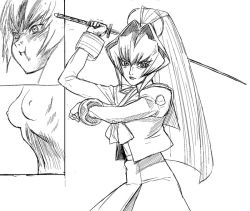 Rule 34 | 1girl, a1 (initial-g), breasts, greyscale, hair intakes, long hair, medium breasts, mitsurugi meiya, monochrome, muv-luv, nipples, pout, solo, sword, weapon