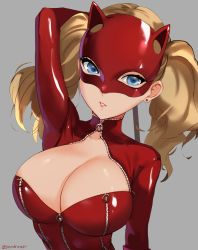 Rule 34 | 10s, 1girl, arm behind head, artist name, blonde hair, blue eyes, bodysuit, breasts, cat mask, cleavage, earrings, eyelashes, highres, jewelry, large breasts, looking at viewer, mask, parted lips, persona, persona 5, pink lips, red bodysuit, sendo (sendrawz), solo, stud earrings, takamaki anne, twintails, upper body, whip, zipper