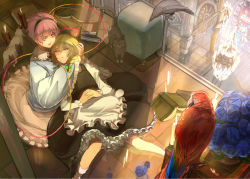 Rule 34 | 2girls, animal, apron, architecture, bad anatomy, bad id, bad pixiv id, bird, black dress, blonde hair, blouse, blue flower, blue rose, book, book stack, bow, braid, candle, candlelight, capelet, cat, chandelier, colored eyelashes, commentary request, crow, dress, expressionless, fingers together, fire, fire, flower, frilled apron, frilled dress, frilled skirt, frilled sleeves, frills, from above, hair bow, hairband, half-closed eyes, hand in another&#039;s hair, itobek, kirisame marisa, komeiji satori, light, long skirt, long sleeves, looking at another, lying, lying on person, multiple girls, no headwear, no headwear, on back, open book, open mouth, parrot, petals, pink eyes, pink hair, pink skirt, plant, potted plant, puffy long sleeves, puffy sleeves, reflection, reflective floor, rose, shirt, short hair, single braid, skirt, socks, stained glass, stairs, talking, third eye, tile floor, tiles, touhou, yellow eyes