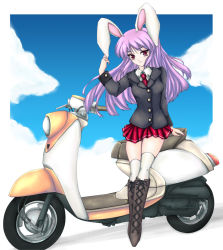 Rule 34 | 1girl, animal ears, bad id, bad pixiv id, blazer, female focus, fred0092, full body, jacket, long hair, motor vehicle, necktie, outdoors, purple hair, rabbit ears, red eyes, reisen udongein inaba, scooter, sky, solo, thighhighs, touhou, vehicle