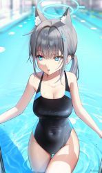 1girl absurdres animal_ear_fluff animal_ears bare_shoulders blue_archive blue_eyes blue_halo blurry blurry_background breasts cleavage collarbone commentary competition_swimsuit covered_navel cross_hair_ornament extra_ears facing_viewer grey_hair hair_ornament halo highleg highleg_one-piece_swimsuit highres kkuni large_breasts long_hair looking_to_the_side low_ponytail mismatched_pupils one-piece_swimsuit parted_lips ponytail pool pool_ladder shiroko_(blue_archive) shiroko_(swimsuit)_(blue_archive) side_ponytail sidelocks solo swimsuit thigh_gap thighs wet wet_hair wolf_ears