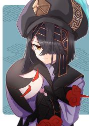 Rule 34 | 1girl, black hair, black hat, bracelet, breasts, bridal gauntlets, brown eyes, chinese clothes, doll, fate/grand order, fate (series), hair over one eye, hat, highres, holding, holding doll, jewelry, long sleeves, looking at viewer, mole, mole under eye, robe, short hair, small breasts, smile, space xu fu (fate), white robe, xu fu (fate), yu mei-ren (fate), yuki10825