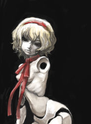 Rule 34 | absurdres, alice margatroid, ashitano kirin, black background, blonde hair, doll joints, hairband, highres, joints, mannequin, no humans, red hairband, red neckwear, short hair, touhou