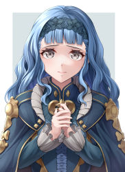 Rule 34 | 1girl, black eyes, blue cape, blue dress, blue hair, blue hairband, blunt bangs, cape, center frills, closed mouth, commentary, dress, fire emblem, fire emblem: three houses, fire emblem warriors: three hopes, frills, hairband, lace hairband, lips, long hair, long sleeves, looking at viewer, marianne von edmund, nintendo, official alternate costume, official alternate hairstyle, own hands together, pink lips, solo, ten (tenchan man), upper body, wavy hair