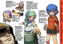 Rule 34 | 1boy, 6+girls, afro, anger vein, angry, blue eyes, bouleuse gotho, chair, chirico cuvie, clenched hands, eating, english text, expressionless, full body, gender request, genderswap, hard-translated, hat, jacket, jean paul rochina, kan yu, long sleeves, multiple girls, pencil, pencil case, pleated skirt, ru shako, sabaku chitai, school uniform, serafuku, shaded face, simple background, skirt, soukou kihei votoms, speech bubble, standing, talking, third-party edit, track jacket, translated, uniform, vanila varta, veins, white background, ypsilon, zipper