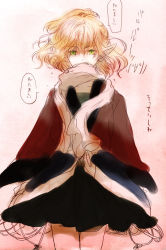 Rule 34 | 1girl, blonde hair, female focus, green eyes, mizuhashi parsee, pointy ears, scarf, scarf over mouth, short hair, simple background, sketch, solo, sugi, touhou, translated