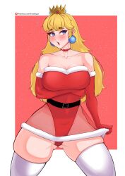 Rule 34 | 1girl, absurdres, arm under breasts, blonde hair, breasts, choker, christmas, cleavage, crown, earrings, fraankyy, gluteal fold, highres, jewelry, large breasts, long hair, mario (series), nintendo, open mouth, outside border, princess peach, shy, snow, solo, super mario bros. 1, thick thighs, thighhighs, thighs, wide hips