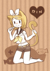 Rule 34 | animal ears, bad id, bad pixiv id, barefoot, blonde hair, blush stickers, cat ears, cat tail, fish, hair ornament, hairclip, heart, hoshimura sora, kagamine rin, kemonomimi mode, number tattoo, short hair, shoulder tattoo, smile, solo, tail, tattoo, vocaloid