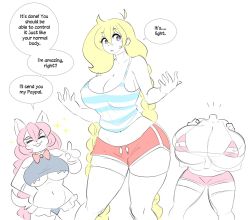 Rule 34 | 2girls, bikini, bikini top only, blonde hair, blush, bow, bowtie, breasts, cassie (theycallhimcake), cleavage, closed eyes, covered erect nipples, dog girl, dullahan, fangs, gigantic breasts, hands resting on breasts, head swap, headless, highres, large breasts, long hair, multiple girls, no bra, original, pink hair, purple eyes, shorts, sparkle, striped bikini, striped bikini top, striped clothes, swimsuit, tail, tank top, theycallhimcake, thigh high socks, underboob