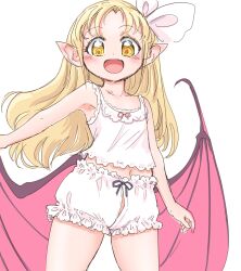 Rule 34 | 1girl, bat wings, blonde hair, bloomers, bow, bow bloomers, bow camisole, camisole, commentary request, cowboy shot, fangs, hair bow, kurumi (touhou), light blush, long hair, looking back, midriff, navel, open mouth, pointy ears, purple pupils, s-a-murai, smile, solo, standing, touhou, touhou (pc-98), underwear, underwear only, white background, white bloomers, white bow, white camisole, wings, yellow eyes