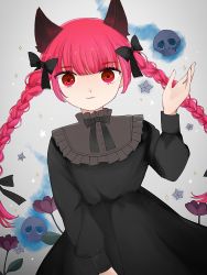 Rule 34 | 1girl, animal ears, black bow, black dress, blue fire, blunt bangs, bow, braid, cat ears, dress, extra ears, fire, flaming skull, floating skull, flower, flower request, grey background, hair bow, hand up, highres, hitodama, kaenbyou rin, kani (cpj2), light smile, long hair, long sleeves, looking at viewer, purple flower, red eyes, red hair, simple background, skull, solo, sparkle, star (symbol), touhou, twin braids, very long hair
