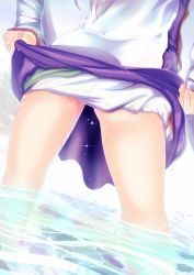Rule 34 | 1girl, amiscia, amisu, ass, close-up, clothes lift, female focus, fingernails, from behind, legs, lifting own clothes, long sleeves, lower body, medium hair, mononobe no futo, partially submerged, silver hair, skirt, skirt lift, solo, standing, thigh focus, thighs, touhou, wading, waist down, water, water drop, wet