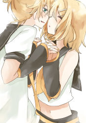 Rule 34 | 1boy, 1girl, aqua eyes, bad id, bad pixiv id, blonde hair, brother and sister, closed eyes, hair ornament, hairclip, holding hands, hetero, imminent kiss, incest, kagamine len, kagamine rin, momomochi, navel, short hair, siblings, smile, twincest, twins, vocaloid