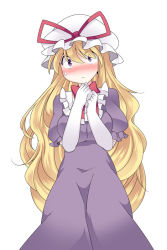 Rule 34 | 1girl, blonde hair, blush, choker, clenched hands, dress, elbow gloves, embarrassed, gloves, hammer (sunset beach), hat, long hair, looking at viewer, purple dress, purple eyes, ribbon choker, simple background, solo, touhou, white background, yakumo yukari