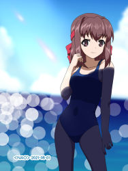 Rule 34 | 1girl, artist name, blue one-piece swimsuit, blue sky, blurry, blurry background, brown eyes, brown hair, cloud, cloudy sky, commentary, cowboy shot, dated, day, girls und panzer, hand in own hair, headband, highres, horizon, kondou taeko, lens flare, looking at viewer, medium hair, naotosi, ocean, one-piece swimsuit, open mouth, outdoors, red headband, school swimsuit, shade, sky, smile, solo, standing, swimsuit