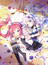 Rule 34 | 2girls, apron, arm support, bad id, bad pixiv id, bare shoulders, black dress, blue eyes, dress, flower, garter straps, hair ornament, long hair, long sleeves, looking at viewer, lying, maid, maid apron, maid headdress, multiple girls, nyanya, official art, on side, on stomach, original, over-kneehighs, petals, pink hair, purple eyes, purple flower, purple rose, red flower, red rose, rose, side ponytail, silver hair, smile, thighhighs, tile floor, tiles, very long hair, waist apron, white dress, wrist cuffs, zettai ryouiki