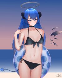 Rule 34 | 1girl, absurdres, alternate costume, arknights, arm behind back, bikini, black bikini, black choker, blue eyes, blue hair, blush, breasts, choker, cleavage, commentary, cowboy shot, demon horns, demon tail, detached wings, eyebrows hidden by hair, eyelashes, hair between eyes, hair ornament, hairclip, halo, highres, holding, holding jewelry, holding necklace, holding swim ring, horns, innertube, jewelry, l eri, long hair, looking at viewer, mostima (arknights), navel, necklace, parted lips, side-tie bikini bottom, signature, small breasts, solo, standing, stomach, swim ring, swimsuit, tail, thigh gap, unworn jewelry, unworn necklace, wet, wings