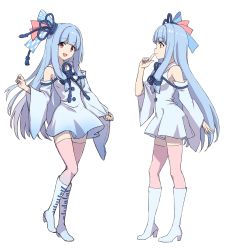 Rule 34 | 1girl, :d, absurdres, blue hair, blunt bangs, closed mouth, detached sleeves, dress, full body, hair ornament, high heels, highres, kotonoha aoi, leon (mikiri hassha), long hair, looking at viewer, multiple views, open mouth, red eyes, simple background, smile, solo, voiceroid, white background, white dress, white footwear