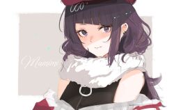 Rule 34 | 1girl, bare shoulders, black shirt, blush, character name, closed mouth, diagonal bangs, earrings, grey background, grid background, highres, idolmaster, idolmaster shiny colors, jacket, jewelry, long hair, looking at viewer, off shoulder, outside border, piercing, purple eyes, purple hair, red headwear, red jacket, scarf, shirt, simple background, solo, takagaki eru, tanaka mamimi, white scarf