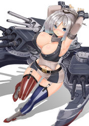 Rule 34 | 1girl, american flag legwear, armpits, arms up, blue eyes, blush, boots, breasts, cleavage, cosplay, covered erect nipples, full body, garter straps, grey footwear, grey hair, hair over one eye, hamakaze (kancolle), iowa (kancolle) (cosplay), iowa (kancolle), kantai collection, large breasts, looking at viewer, miniskirt, navel, short hair, simple background, sin (kami148), skirt, solo, white background