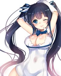 Rule 34 | 10s, 1girl, armpits, arms up, black hair, blue eyes, bow, breast lift, breasts, cleavage, cleavage cutout, clothing cutout, covered erect nipples, dress, dungeon ni deai wo motomeru no wa machigatteiru darou ka, female focus, gloves, hestia (danmachi), large breasts, long hair, looking at viewer, one eye closed, paragasu (parags112), rei no himo, simple background, sleeveless, sleeveless dress, smile, solo, twintails, very long hair, white dress, white gloves