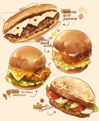 Rule 34 | arrow (symbol), beef, bread bun, burger, cheese, chicken (food), english text, fish (food), food, food focus, highres, lettuce, mayonnaise, melting, nao (bestrollever), no humans, paper towel, salad, sandwich, still life, swiss cheese, tomato