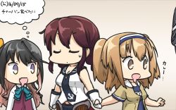 Rule 34 | 4girls, black hair, bow, bowtie, braid, brown eyes, brown hair, clothes writing, commentary request, dated, dress, drooling, fang, gloves, hairband, hamu koutarou, headgear, highres, i-26 (kancolle), kantai collection, light brown hair, long hair, multicolored hair, multiple girls, naganami (kancolle), necktie, noshiro (kancolle), open mouth, pink hair, ribbon, sailor collar, school swimsuit, shirt, sleeveless, sleeveless dress, sleeveless shirt, sweatdrop, swimsuit, swimsuit under clothes, tenryuu (kancolle), twin braids, two-tone hairband, two side up, white gloves, white shirt