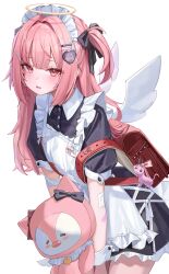 Rule 34 | 1girl, absurdres, angel, angel wings, apron, backpack, bag, bandages, black bow, blush, bow, hair bow, hair ornament, hairclip, highres, long hair, looking at viewer, maid apron, maid headdress, name tag, original, pink eyes, pink hair, randoseru, simple background, skirt, solo, stuffed toy, white background, whitebc, wings