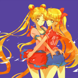 Rule 34 | 2girls, ;o, aino minako, bare arms, bare legs, bishoujo senshi sailor moon, blonde hair, blue background, blue eyes, blue shorts, bow, casual, colored skin, cowboy shot, double bun, earrings, female focus, friends, hair bow, hair ribbon, holding, hug, jewelry, legs, long hair, looking at viewer, looking back, multiple girls, neck, one eye closed, open mouth, outstretched arms, puffy sleeves, red bow, red skirt, ribbon, shirt, short shorts, short sleeves, shorts, simple background, skirt, standing, t-shirt, tsukino usagi, twintails, very long hair, yellow skin, yuri, zaza415