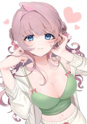 Rule 34 | 1girl, blush, breasts, camisole, cardigan, cleavage, collarbone, crop top, flower, flower-shaped hair, green camisole, hair flower, hair ornament, heart, highres, large breasts, light brown hair, looking at viewer, lvetica, midriff, mole, mole on breast, mole on collarbone, mole on stomach, navel, original, simple background, smile, solo, upper body, white background, white cardigan