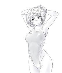 Rule 34 | 10s, 1girl, arms up, competition swimsuit, goggles, goggles on head, greyscale, hairband, kantai collection, monochrome, mutsu (kancolle), one-piece swimsuit, short hair, swimsuit, tamu (mad works)
