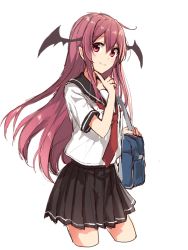 Rule 34 | 1girl, alternate costume, bag, blush, cowboy shot, cropped legs, demon wings, finger to own chin, head tilt, head wings, koakuma, long hair, looking at viewer, necktie, pleated skirt, pointy ears, red eyes, red hair, red necktie, school bag, school uniform, serafuku, shirt, simple background, sketch, skirt, smile, solo, thighs, touhou, very long hair, white background, white shirt, wings, yada (xxxadaman)