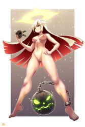 Rule 34 | 1girl, absurdres, ankh, bad id, bad pixiv id, ball and chain restraint, barefoot, border, breasts, cleft of venus, commission, spiked halo, female pubic hair, from below, full body, glowing, glowing eyes, glowing mouth, guilty gear, guilty gear xrd, halo, hand on own hip, highres, holding, holding mask, jack-o&#039; valentine, jmg, long hair, mask, medium breasts, multicolored hair, nipples, nude, outside border, platinum blonde hair, pubic hair, pussy, red eyes, red hair, shiny skin, signature, smile, solo, two-tone hair, very long hair