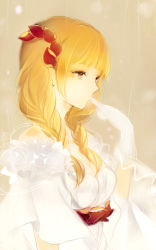 Rule 34 | 1girl, blonde hair, breasts, brown eyes, cleavage, dress, gloves, long hair, lpip, original, simple background, solo, twintails, white dress, white gloves
