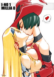 Rule 34 | 2girls, arc system works, bad deviantart id, bad id, bare shoulders, black hair, breast press, breasts, fingerless gloves, gloves, gsears, guilty gear, hairband, hat, headband, heart, highres, i-no, large breasts, long hair, millia rage, mole, multiple girls, nail polish, nipples, red hat, red nails, short hair, torn clothes, very long hair, witch hat, yuri