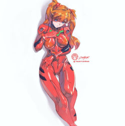 Rule 34 | 1girl, artist name, blue eyes, bodysuit, breasts, cleavage, curvy, full body, hair between eyes, headgear, high collar, jet kimchrea, long hair, looking at viewer, medium breasts, neon genesis evangelion, orange hair, plugsuit, shiny clothes, simple background, skin tight, solo, souryuu asuka langley, thigh gap, twintails, two side up, very long hair, white background, wide hips