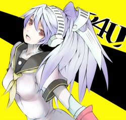 Rule 34 | 1girl, android, atlus, bad id, bad pixiv id, headdress, kanten (kanten328), labrys (persona), light purple hair, long hair, looking at viewer, open mouth, persona, persona 4, persona 4: the ultimate in mayonaka arena, ponytail, red eyes, school uniform, solo