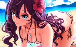 Rule 34 | 1girl, all fours, artist name, ass, beach, bikini, blue eyes, blush, breasts, butt crack, buttons, cleavage, closed mouth, cloud, commentary request, day, flower, hair between eyes, hair flower, hair ornament, hibiscus, highres, ichinose shiki, idolmaster, idolmaster cinderella girls, infinote, jewelry, lens flare, lips, long hair, looking at viewer, medium breasts, necklace, ocean, outdoors, purple hair, side-tie bikini bottom, sky, solo, string bikini, striped bikini, striped clothes, sun, swimsuit, wavy hair, wet