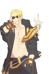 Rule 34 | 1boy, black coat, blonde hair, brown gloves, closed mouth, coat, coin, collarbone, eyewear visible through hair, fingerless gloves, fingernails, glasses, glint, gloves, grey background, guilty gear, hand in pocket, hannim 7h, highres, johnny (guilty gear), male focus, meme, motion blur, open clothes, open coat, simple background, smile, solo, sunglasses, topless male, tossing