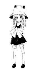 Rule 34 | 1girl, bad id, bad pixiv id, crossed arms, full body, greyscale, grin, hat, long sleeves, looking at viewer, monochrome, moriya suwako, sawayaka samehada, shoes, simple background, skirt, smile, solo, standing, thighhighs, touhou, white background, white thighhighs, wide sleeves, zettai ryouiki